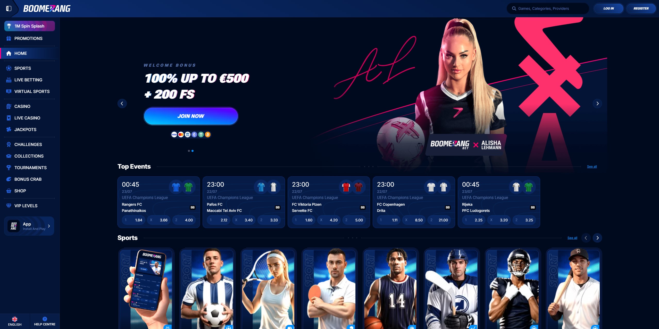 Vmesnik Boomerang Casino na namizju