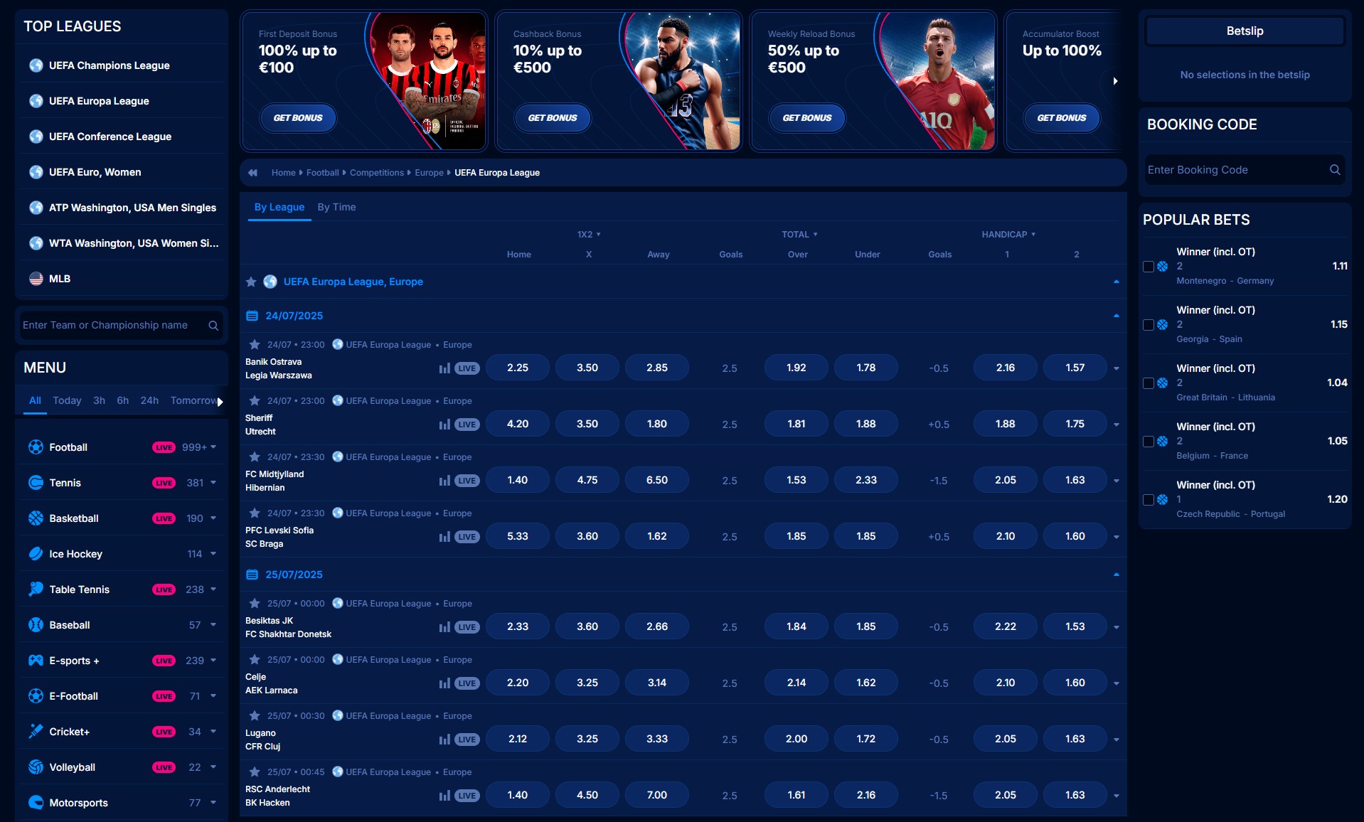 Live betting interface for sports on Boomerang Bet